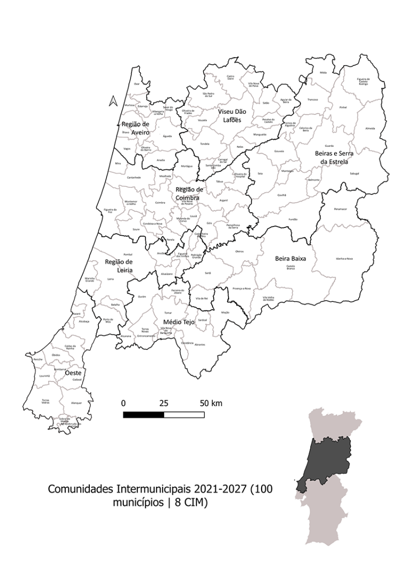 Mapa da Região Centro a 100 munícipios