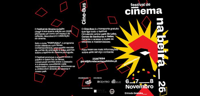 Programa do festival de cinema "cinema na beira" com fundo negro, letras brancas .6,7 e 8 de novembro2026 com imagem de pato estilizada