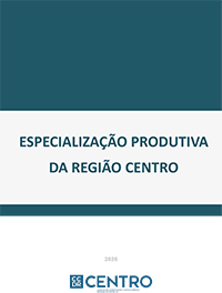 Capa da publicação "Especialização Produtiva da Região Centro", azul e branco